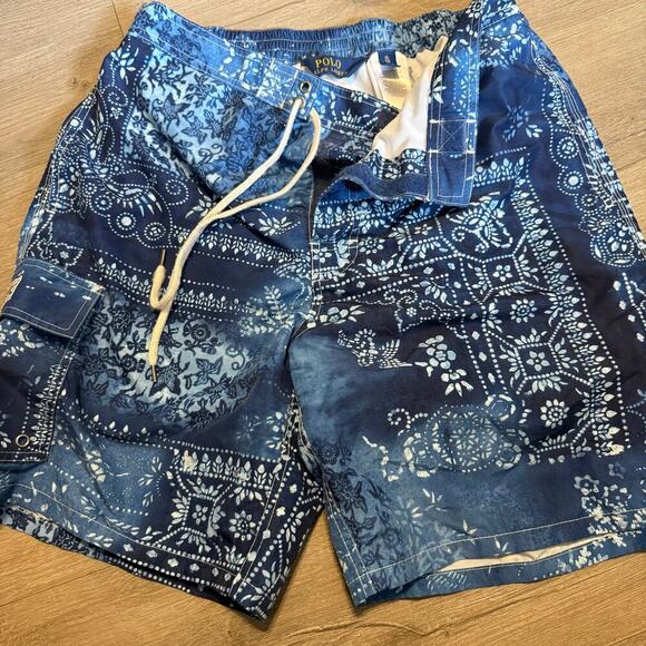 Polo Ralph Lauren XL Swim Trunks Bandana Print Blue Drawstring Mesh Lining - Picture 4 of 10